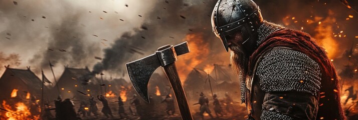 Viking warrior wearing helmet holding a axe and sword on the field of battle against burning village background, 