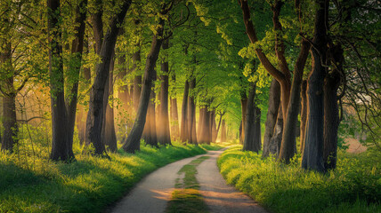 Sunlit Path Through Green Forest Trees   Nature Landscape Photography