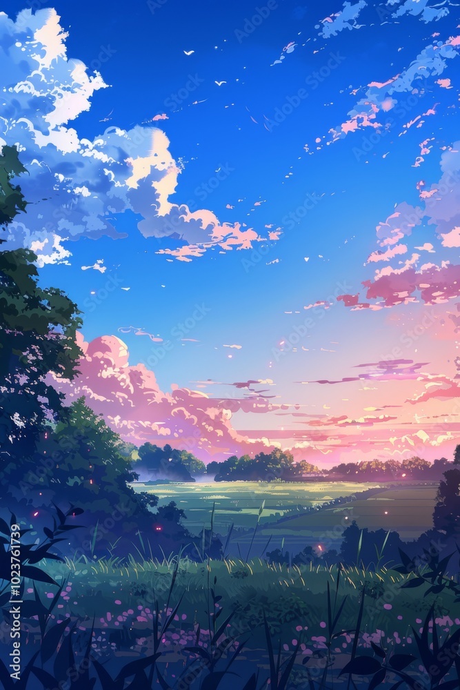 Canvas Prints A beautiful landscape with a blue sky and a few clouds. The sky is filled with a mix of colors, including pink and purple. The scene is peaceful and serene, with a field of grass