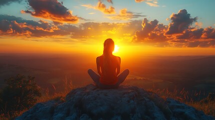 Obraz premium A lone woman sits in a lotus position on a rock, silhouetted against a fiery sunset, overlooking a vast, peaceful valley.
