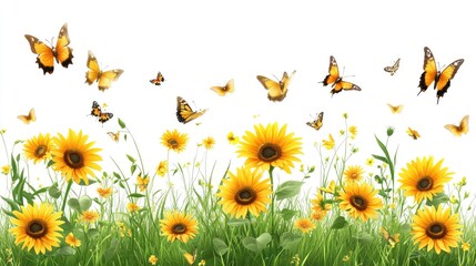 A blooming sunflower field, with bees buzzing and butterflies swarming, on a clean white transparent background.
