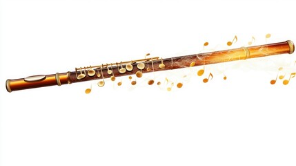 A flute with delicate musical notes rising from its mouthpiece, isolated on a white background for PNG format.