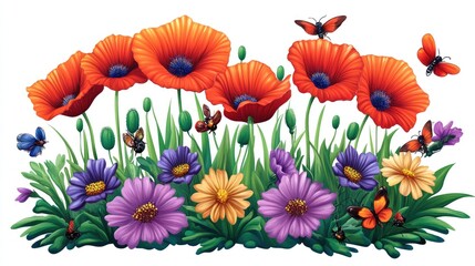 Fototapeta premium A garden scene filled with vibrant flowers like poppies and daisies, surrounded by swarming insects, isolated on a white PNG background.
