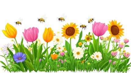 Fototapeta premium A lively flower garden with tulips, sunflowers, and bees swarming, on a white transparent background, detailed and colorful.