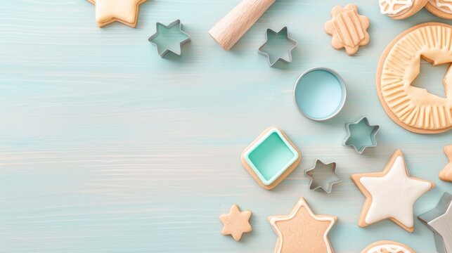 Assorted cookie cutters and iced cookies on pastel wooden background. National Cookie Cutter Day - Powered by Adobe