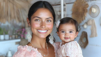 spanish smiling young woman holding little baby on background of room of cozy house, mother and child, kid, newborn, infant, toddler, parent, family, love, mom, mommy, hispanic, mexican girl, mother's