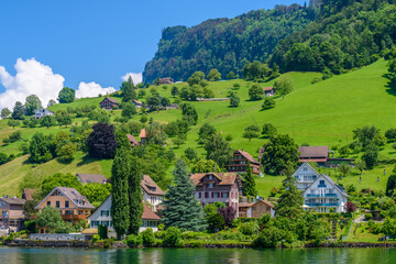 Fototapeta premium Waterview on Swiss village near Lucerne, Switzerland.