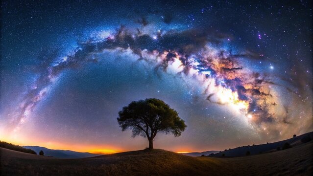Milky Way arch over tree and hill panorama