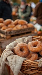 Close-Up of Fresh Apple Cider Doughnuts at Harvest Festival - Autumn Baking, Rustic Decor