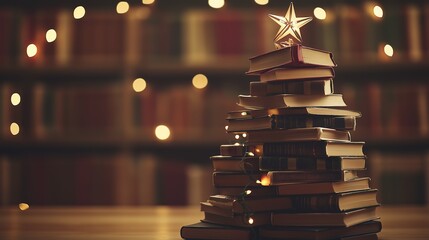 Unique Christmas tree made from books with festive star and lights