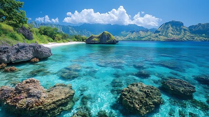 Pristine tropical beach with clear blue water and rocky shoreline, green mountains in the background under a bright blue sky.