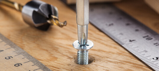 screwdriver screw in a wood oaks plank