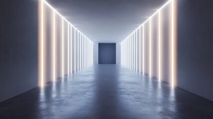 A sleek, futuristic corridor featuring neon lights and a reflective floor, showcasing modern minimalist architectural design.