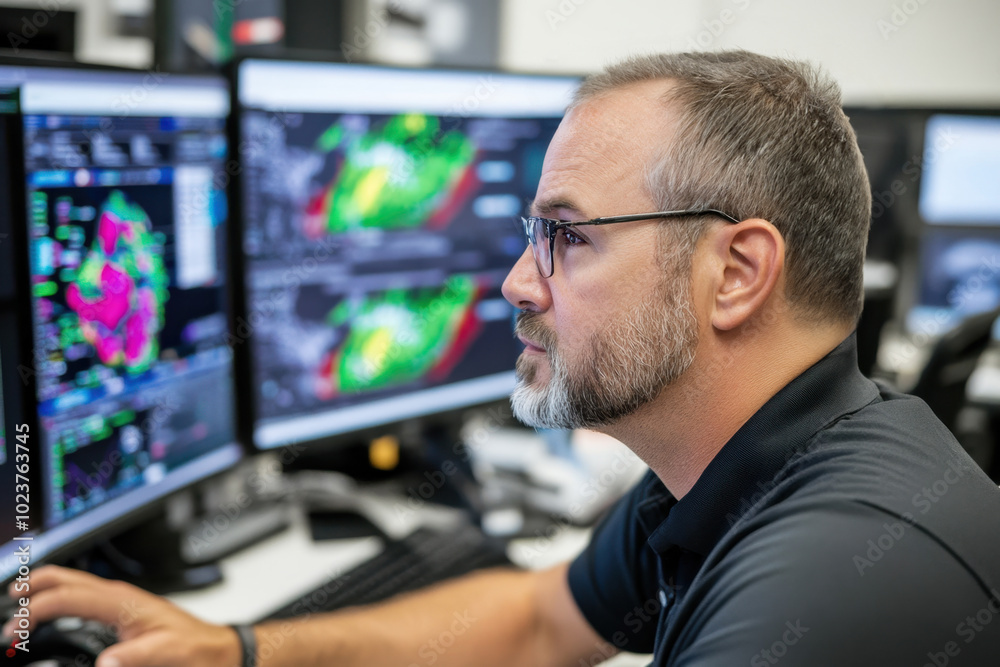 Wall mural meteorologist monitoring weather forecast at monitor screen. man monitors formation of dangerous hea