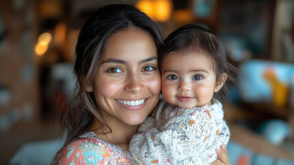 spanish smiling young woman holding little baby on background of room of cozy house, mother and child, kid, newborn, infant, toddler, parent, family, love, mom, mommy, hispanic, mexican girl, mother's
