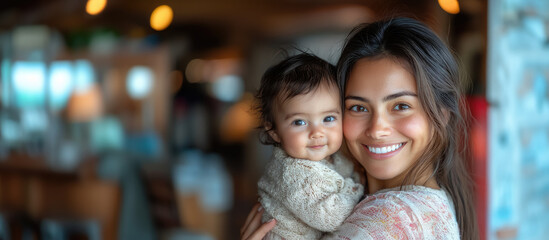 Fototapeta premium spanish smiling young woman holding little baby on background of room of cozy house, mother and child, kid, newborn, infant, toddler, parent, family, love, mom, mommy, hispanic, mexican girl, mother's