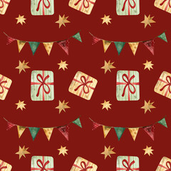 Pattern for New Year, Christmas, Birthday and other holidays. Christmas seamless pattern with gift boxes on red background. New year watercolor design. Wrapping paper for Christmas gift boxes.