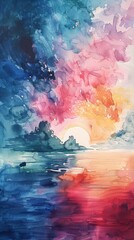 A painting of a sunset with a boat in the water