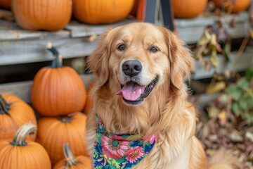Cheerful Golden Retriever in Fall Bandana with Pumpkins at Harvest Festival - Autumn Themed Pet Photography