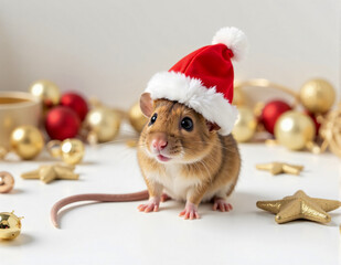 A tiny mouse wearing a New Year hat, sitting on a white background surrounded by festive decorations.