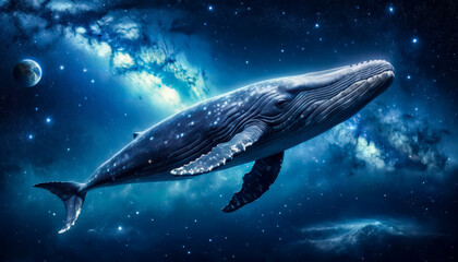 Fototapeta premium A cinematic shot of a blue whale floating through a starry galaxy, its textured skin glistening in the starlight. The surreal, yet realistic scene contrasts the whale’s size with the vastness of space