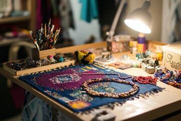 Fototapeta premium Art colorful craft table under task lighting, showcasing beads and yarn materials. Generative AI