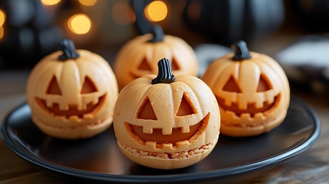 Jack-o-lantern macarons, decorated with orange frosting and cute carved faces, adding a sweet and sophisticated touch to your Halloween spread, 