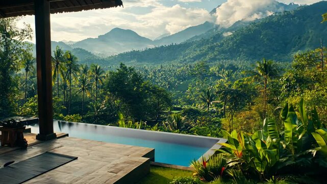 A view of a pool and mountains in the morning