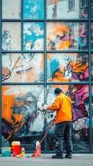 A worker cleans graffiti from glass windows using a squeegee and colorful cleaning supplies