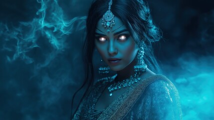 Dark fantasy character with piercing glowing eyes and intricate jewelry
