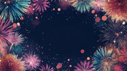 Colorful fireworks burst in a circular frame against a black background with sparkles and bokeh lights.