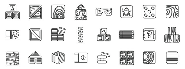 Wood cube block icons set. Collection of line icons representing various wooden toys, perfect for illustrating childhood, education, or play