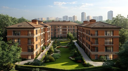 A modern, three-building apartment complex with a central courtyard, surrounded by lush greenery. The buildings are made of brick with large windows.
