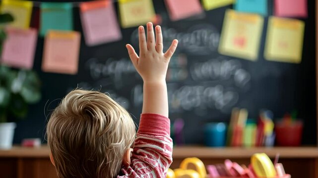 A young student raises their hand in class, eager to participate in the lesson