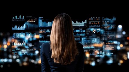 A woman stands before an interactive screen filled with colorful graphs and data, exploring AI's role in financial decision-making amid a backdrop of glowing effects.