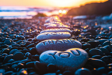 A row of rocks with the words "thank you" written on them. The rocks are arranged in a line and are placed on a beach. Concept of gratitude and appreciation for the beauty of nature