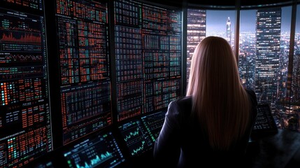 A woman stands before an interactive screen filled with colorful graphs and data, exploring AI's role in financial decision-making amid a backdrop of glowing effects.