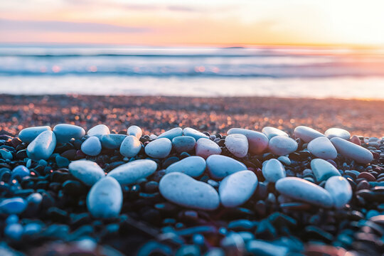 A beach with a large pile of white rocks on the sand. The rocks are arranged in a heart shape, and the sun is setting in the background. Concept of peace and tranquility, as the rocks