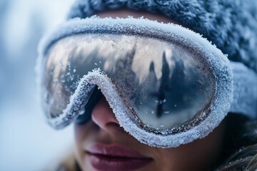 Obraz premium Close-up of frosty ski goggles with a snowy reflection of trees, showing the cold winter atmosphere. Concept for winter sports, outdoor adventure, and cold weather