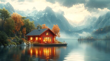 Fototapeta premium A cozy cabin sits on a tranquil lake, surrounded by lush trees and majestic mountains. The soft glow from the windows creates a warm and inviting atmosphere.