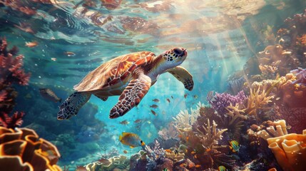 Tranquil Sea Turtle Swimming Gracefully Among Colorful Coral Reefs in Crystal Clear Waters