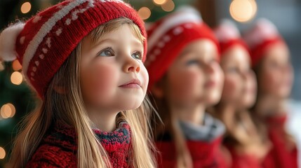 Fototapeta premium Young children wearing Christmas hats enjoying holiday festivities