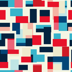 Retro geometric squares and cubes in teal, blue, red and white colors. Seamless pattern