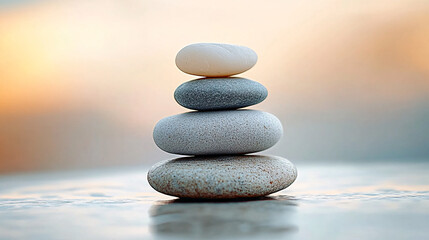 A balanced stack of smooth, flat pebbles arranged in an ascending order on a minimalistic white surface. The image conveys a serene and calming atmosphere, suitable for mindfulness and meditation.