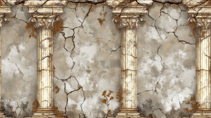 Seamless pattern of weathered classical columns with cracked and aged surfaces, perfect for ancient or historical-themed designs.