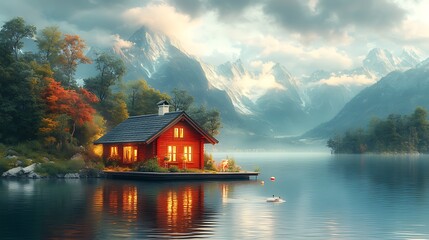 Fototapeta premium A cozy red cabin sits on a tranquil lake in the mountains, with a warm glow emanating from the windows, and a gentle mist hanging in the air.