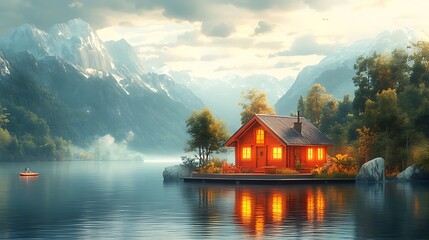 Fototapeta premium A small wooden cabin sits on an island in a tranquil lake, surrounded by majestic mountains and lush trees. The setting sun casts a warm glow on the scene, creating a sense of peace and solitude.