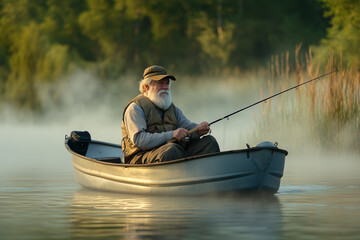 Solitary fisherman sitting in small boat floating silently amidst morning mist on tranquil lake. Generative AI