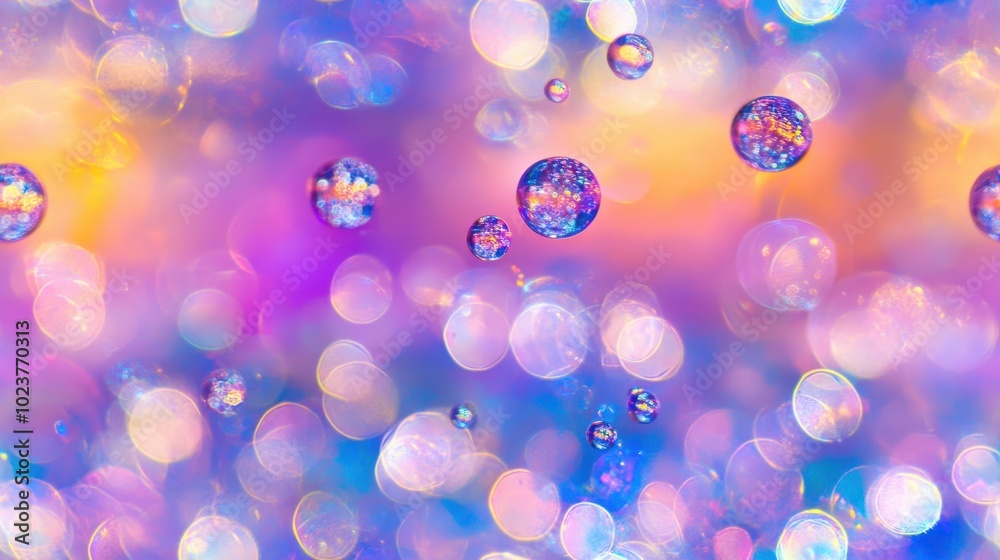 Wall mural seamless pattern of transparent bubbles floating over a vibrant rainbow-colored background, creating