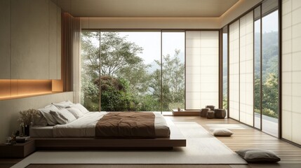 Fototapeta premium Modern Serene Bedroom with Natural Light and Greenery